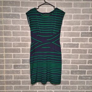Alix Womens Striped Stretch Knee Dress Back Zip Green Navy Size 4‎
